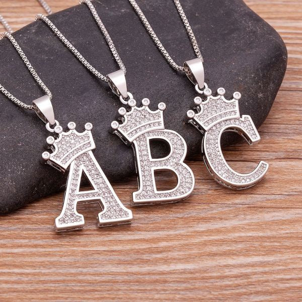 Crown Letter Pendant Necklace (Silver)